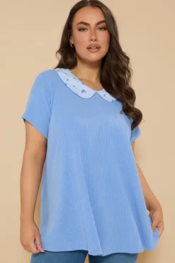 Yours Curve Blue Ditsy Floral Collar Ribbed Swing Top