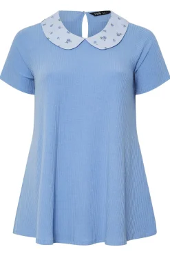 Yours Curve Blue Ditsy Floral Collar Ribbed Swing Top