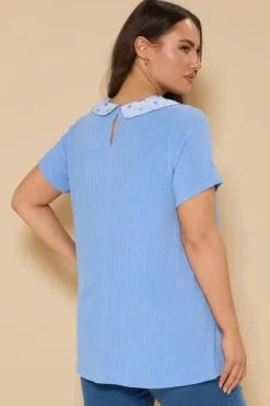 Yours Curve Blue Ditsy Floral Collar Ribbed Swing Top