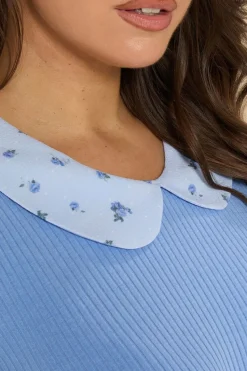 Yours Curve Blue Ditsy Floral Collar Ribbed Swing Top