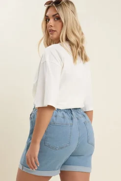Yours Curve Blue Elasticated Waist Stretch Denim Shorts
