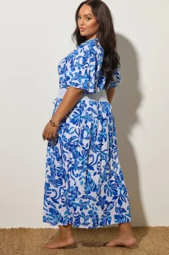 Yours Curve Blue Palm Print Crochet Maxi Kimono