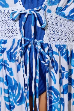 Yours Curve Blue Palm Print Crochet Maxi Kimono