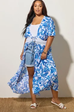 Yours Curve Blue Palm Print Crochet Maxi Kimono