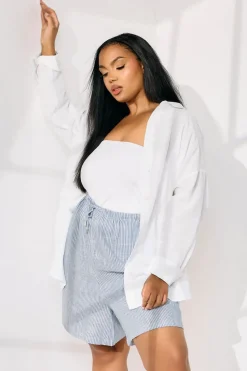 Yours Curve Blue Stripe Tie Front Linen Shorts