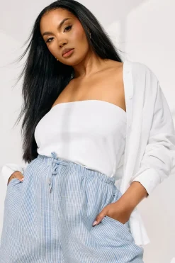 Yours Curve Blue Stripe Tie Front Linen Shorts