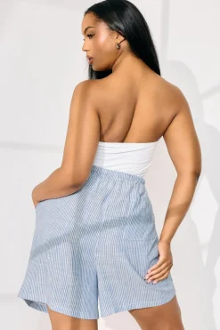 Yours Curve Blue Stripe Tie Front Linen Shorts