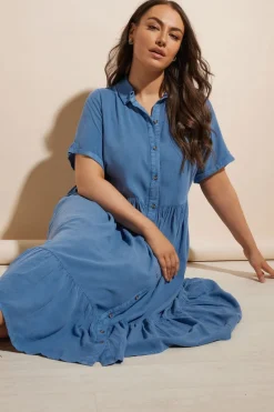 Yours Curve Blue Tiered Maxi Chambray Shirt Dress
