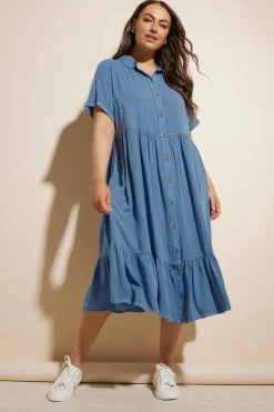 Yours Curve Blue Tiered Maxi Chambray Shirt Dress