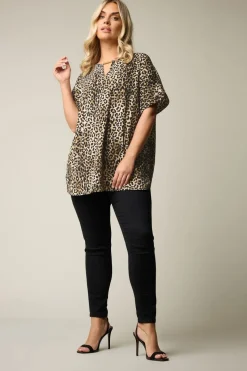 Yours Curve Brown Leopard Print Metal Trim Blouse
