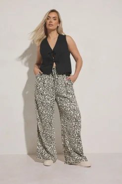 Yours Curve Brown Leopard Print Linen Tie Front Trousers