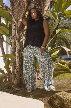 Yours Curve Brown Leopard Print Linen Tie Front Trousers