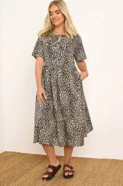 Yours Curve Brown Leopard Print Bow Tie Front Dress