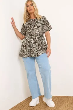 Yours Curve Brown Leopard Print Bow Tie Front Peplum Top