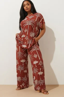 Yours Curve Brown Palm Print Plisse Wide Leg Trousers