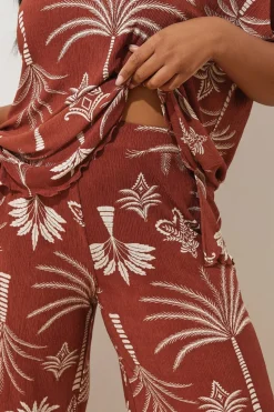 Yours Curve Brown Palm Print Plisse Wide Leg Trousers