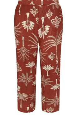 Yours Curve Brown Palm Print Plisse Wide Leg Trousers
