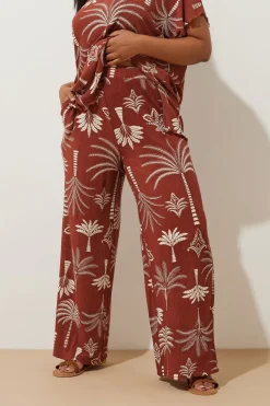 Yours Curve Brown Palm Print Plisse Wide Leg Trousers