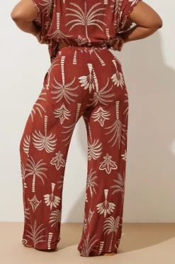Yours Curve Brown Palm Print Plisse Wide Leg Trousers