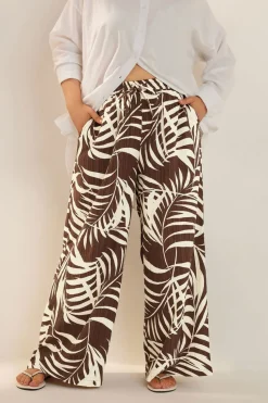 Yours Curve Brown Palm Print Textured Wide Leg Trousers