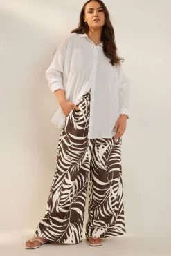 Yours Curve Brown Palm Print Textured Wide Leg Trousers