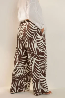 Yours Curve Brown Palm Print Textured Wide Leg Trousers