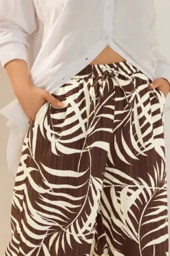 Yours Curve Brown Palm Print Textured Wide Leg Trousers