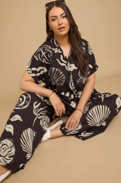 Yours Curve Brown Seashell Print Textured Wide Leg Trousers