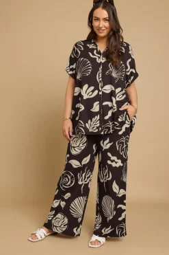 Yours Curve Brown Seashell Print Textured Wide Leg Trousers