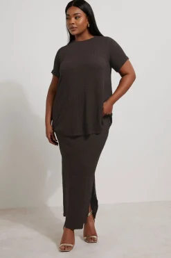 Yours Curve Chocolate Brown Textured Side Split Maxi Skirt