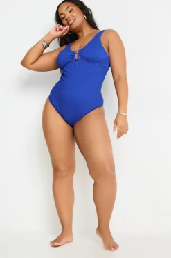 Yours Curve Cobalt Blue Buckle Textured Swimsuit