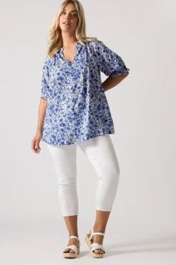Yours Curve Cobalt Blue Floral Frill Notch Neck Blouse