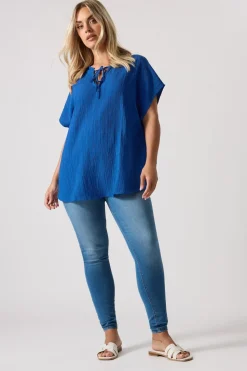 Yours Curve Cobalt Blue Textured Frill Neck Top