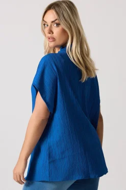 Yours Curve Cobalt Blue Textured Frill Neck Top