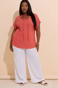 Yours Curve Coral Orange Textured Frill Neck Top