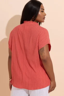 Yours Curve Coral Orange Textured Frill Neck Top