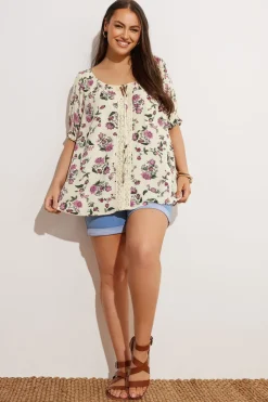 Yours Curve Cream Crochet Detail Tie Front Top