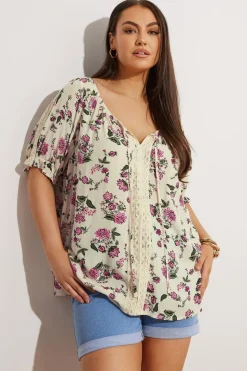 Yours Curve Cream Crochet Detail Tie Front Top