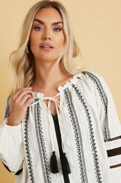 Yours Curve Cream Embroidered Tie Neck Blouse