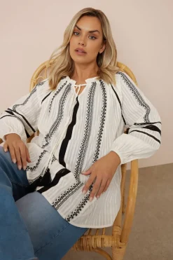 Yours Curve Cream Embroidered Tie Neck Blouse