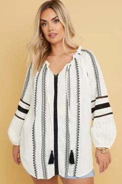 Yours Curve Cream Embroidered Tie Neck Blouse