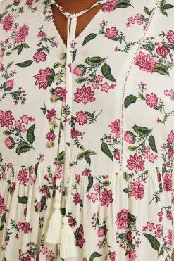 Yours Curve Cream Floral Crochet Trim Tie Neck Mini Dress