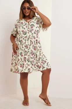 Yours Curve Cream Floral Crochet Trim Tie Neck Mini Dress