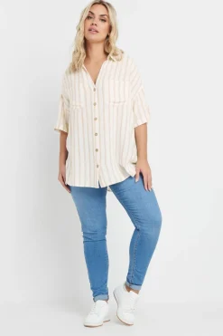 Yours Curve Cream Short Sleeve Linen Stripe Shirt