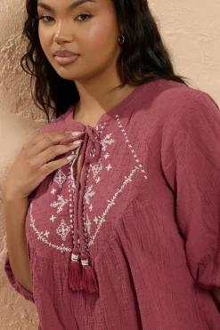 Yours Curve Dark Red Embroidered Tie Neck Blouse