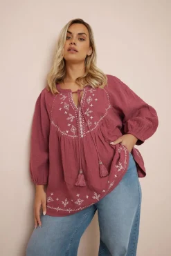 Yours Curve Dark Red Embroidered Tie Neck Blouse