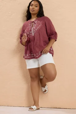 Yours Curve Dark Red Embroidered Tie Neck Blouse