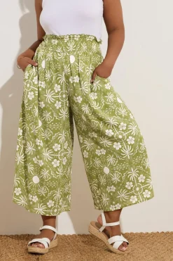 Yours Curve Green Palm Print Shirred Midaxi Culottes