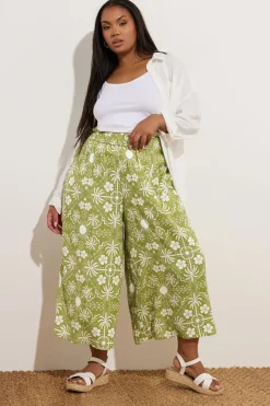 Yours Curve Green Palm Print Shirred Midaxi Culottes