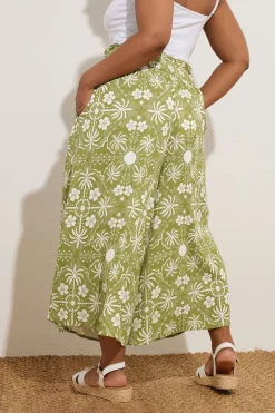 Yours Curve Green Palm Print Shirred Midaxi Culottes